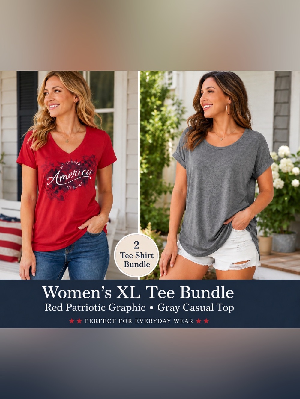 Women’s XL Tee Bundle Red America Graphic & Gray Casual Top Set